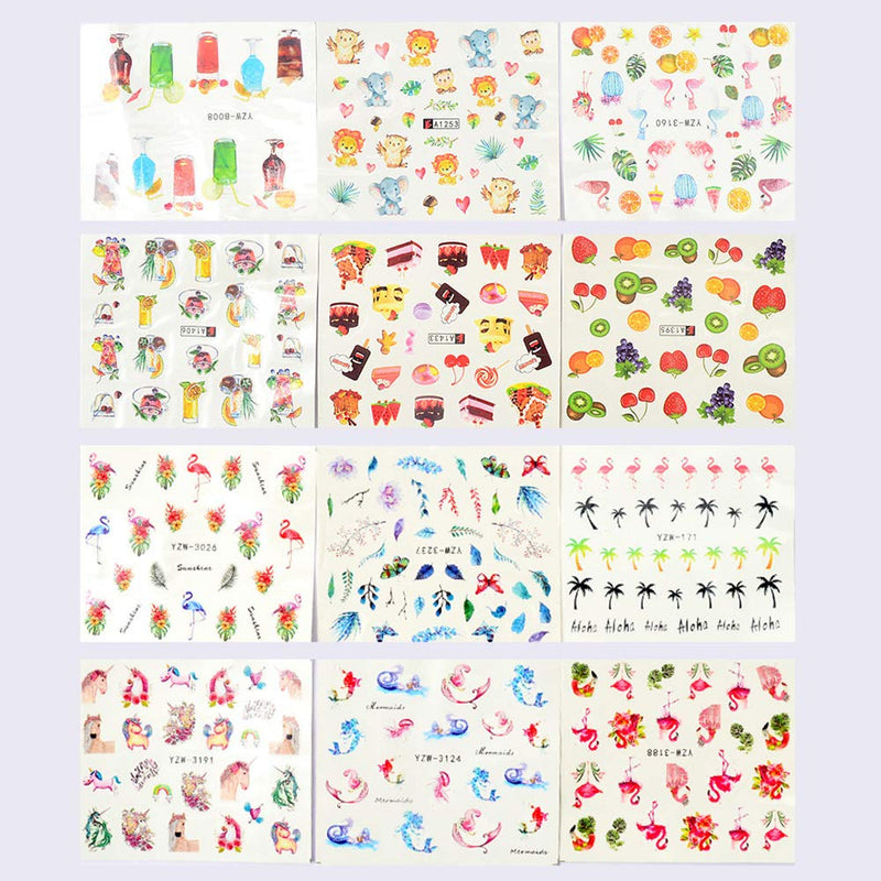 SILPECWEE 48 Sheets Water Nail Transfer Decals Tips Summer Fruit Flower Unicorn Nail Art Stickers Manicure Accessories and 1Pc Tweezers - BeesActive Australia