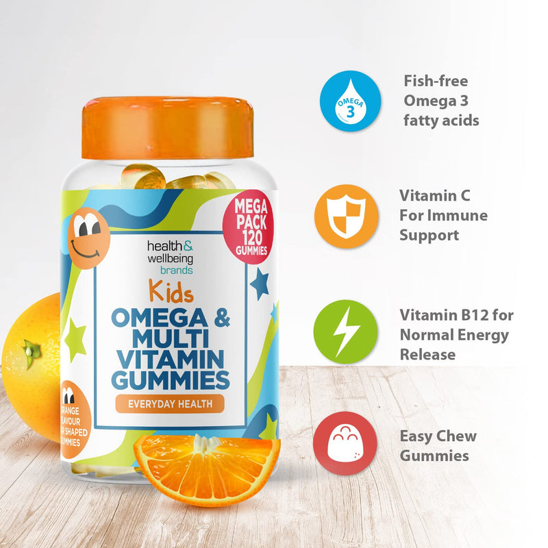 Omega and Multivitamin for Children, 120 Gummies for Kids - Orange Flavour- 9 Essential Vitamins + Minerals, Vitamin C D A & B Vitamins for Children - Pack of 120 Chewable Vitamins - by Club Vits 120 Count - BeesActive Australia