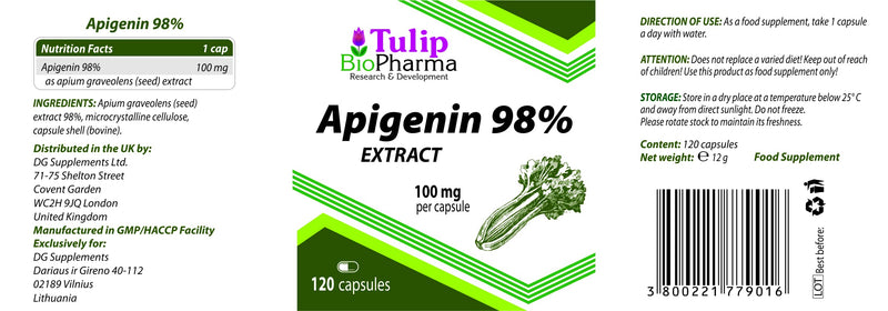 Tulip BioPharma Apigenin 100mg 120 Capsules, 3rd Party Lab Tested, High Strength Supplement, Gluten and GMO Free - BeesActive Australia