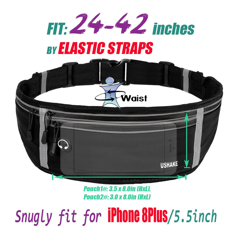 USHAKE Slim Running Belt, Workout Fanny Pack for Men Women,Exercise Waist Pack for Apple iPhone Holder, Runner Belt for Running Walking Cycling Camping Gym black/4 grey zippers - BeesActive Australia