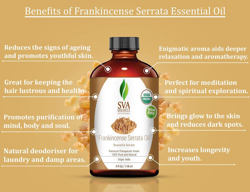 SVA Organics Frankincense Essential Oil 4 Oz USDA Organic Boswellia Serrata Pure Natural Undiluted Oil for Face Cream, Skin Care, Body Oil, Shampoo - BeesActive Australia