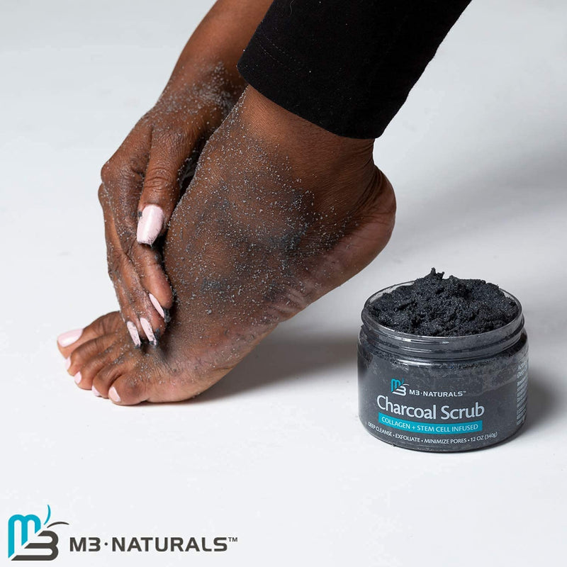 M3 Naturals Charcoal Exfoliating Body Scrub with Collagen & Stem Cell - Gentle Body Exfoliator, Face Scrub, Bump Eraser, Booty Scrub - Best Shower Scrub - Skin Exfoliant for Men & Women 12 oz - BeesActive Australia