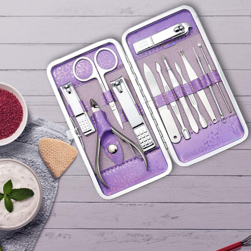 Glamne Manicure Pedicure Set Tools Professional Stainless Steel Nail Care Kits with Holographic Travel Case(Purple) Purple - BeesActive Australia
