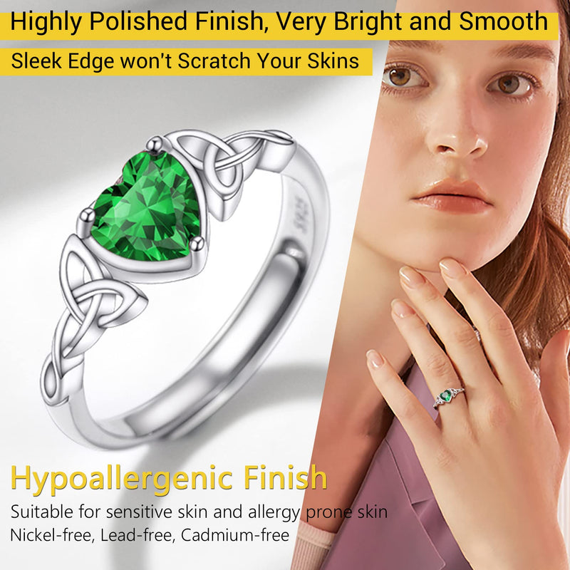 PROSILVER 925 Sterling Silver Celtic Knot Heart Ring for Women, Birthstone Jan-Dec Available, Gorgeous Cubic Zirconia Ring, Adjustable Ring, Come Gift Box 05 May (Emerald) - BeesActive Australia