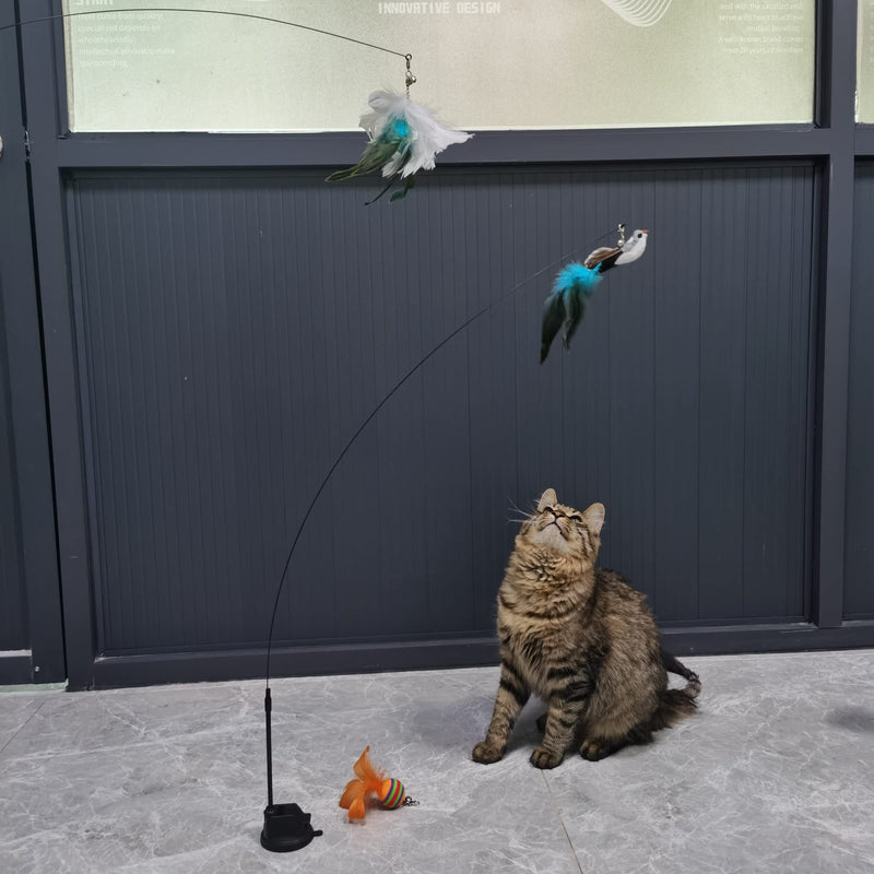 Cat Feather Toys Interactive Cat Toy with Super Suction Cup Detachable 6 PCS Feather Replacements with Bell 2 Wand Cat Spring Feather Toys for Indoor Cats Kitten Play Chase Exercise Blue - BeesActive Australia