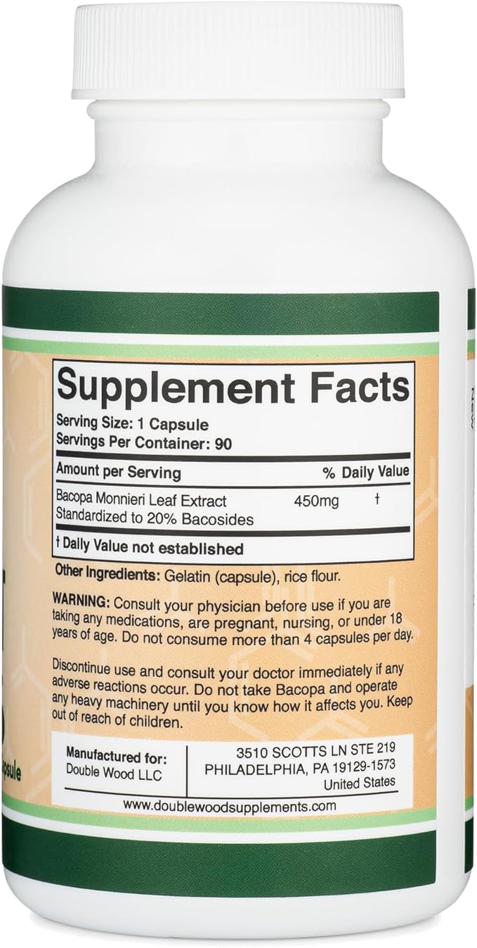 Double Wood Supplements Bacopa Monnieri Capsules - 450mg, 90 Count (Made in the USA) Non-GMO, Gluten-Free, Concentrated 20% Bacosides Extract - BeesActive Australia