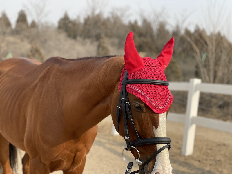 TGW RIDING Horse Ear Bonnet/Net/Hat/Horse Hood/Mask Horse Veil Horse Ear Bonnet Full Red - BeesActive Australia