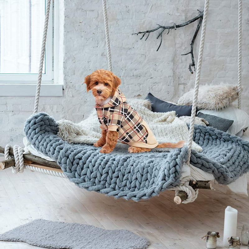EXPAWLORER Plaid Dog Hoodie - British Style Soft and Warm Dog Sweater with Leash Hole, Hooded Cold Weather Clothes, Dog Sweatshirt, Outfits, Winter Coat for Small Medium Large Dogs Beige - BeesActive Australia