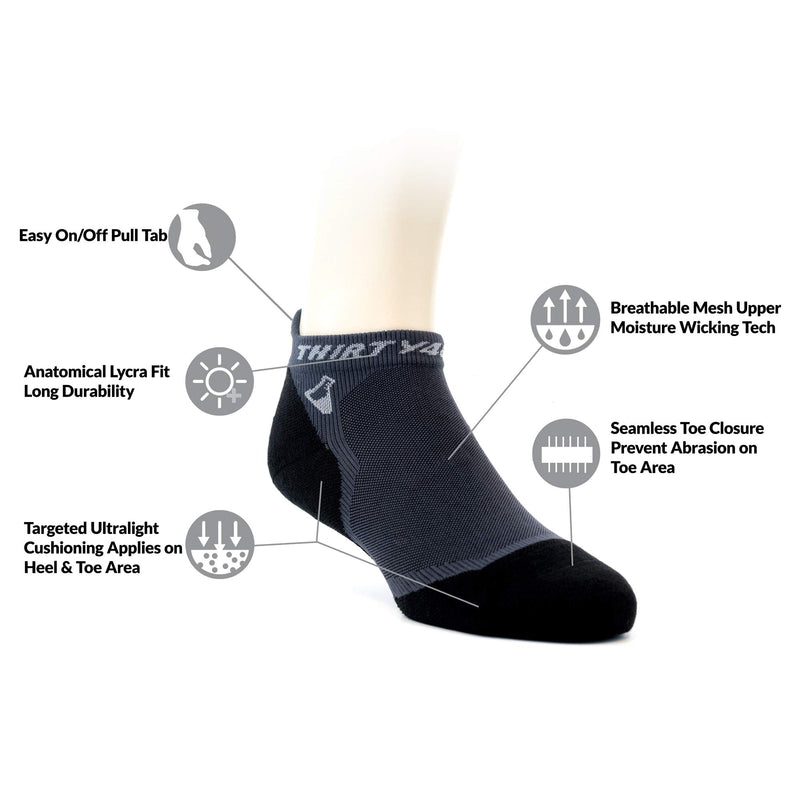 [AUSTRALIA] - Thirty48 Ultralight Athletic Running Socks for Men and Women with Seamless Toe, Moisture Wicking, Cushion Padding Medium [3 Pairs] Black/Gray 