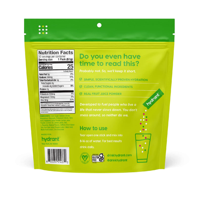 Hydrant Energy, Individual Caffeinated Hydration Powder Stick Packets with 100mg of Caffeine, Electrolytes, and L-Thenanine (Raspbery Lemonade, 30 Count) Raspberry Lemonade 30 Servings (Pack of 1) - BeesActive Australia