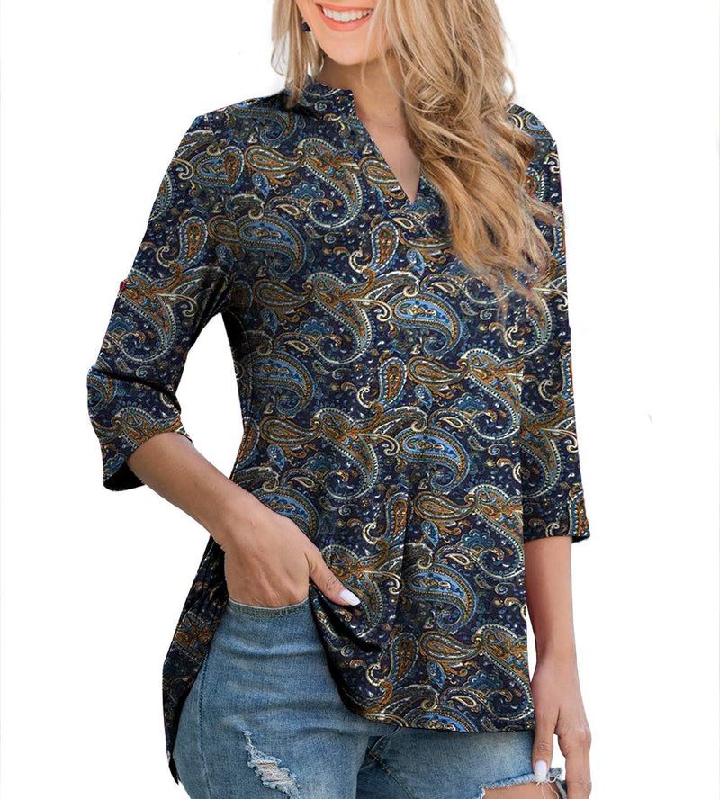 Othyroce Womens Floral Printed Tunic Tops 3/4 Roll Sleeve V Neck Blouses Long Sleeve Shirts for Women 1X 3/4 Sleeve Color_2 - BeesActive Australia