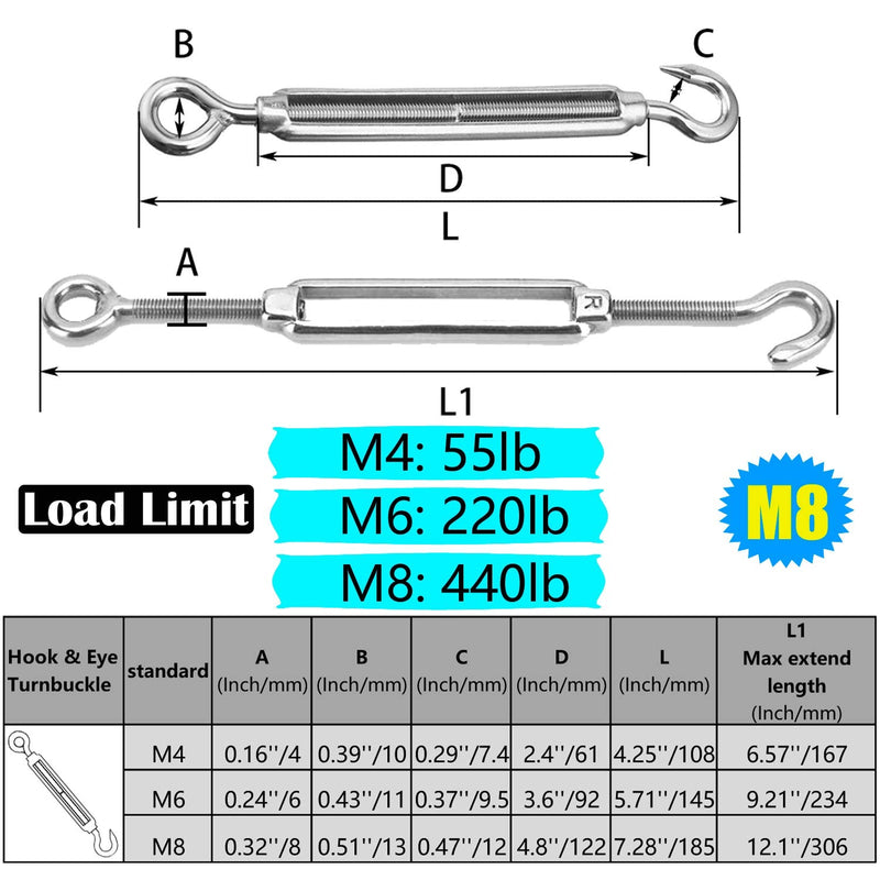 Metown, Turnbuckles Hook, 304 Stainless Steel Hook & Eye Turnbuckle M4/ M6/ M8 Heavy Duty Wire Rope Tension Cable Railing Kit for Sun Shade sail Installation (M8 2pack) M8 2Pcs - BeesActive Australia