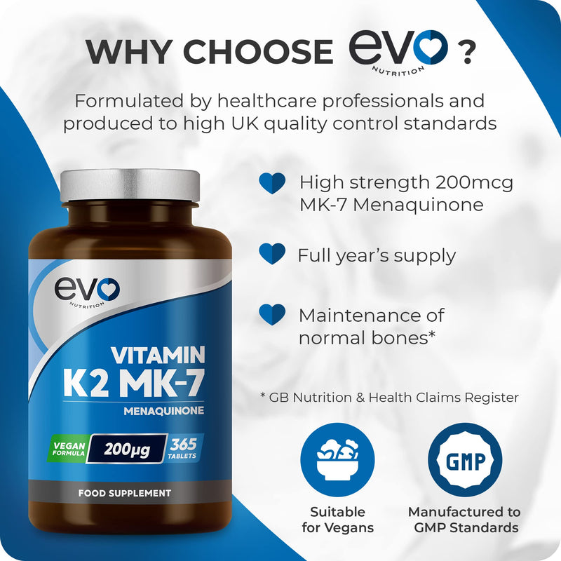 EVO NUTRITION Vitamin K2 MK-7 200mcg | 365 Vegetarian and Vegan Tablets (not Capsules) | 1-A-DAY | Supports Maintenance of Normal Bones | One Years Supply of High Strength Vitamin K2 Menaquinone MK7 - BeesActive Australia