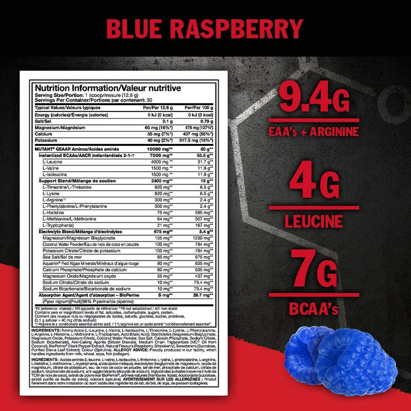 MUTANT GEAAR | 9.4g of EAA Powder + Arginine, 7g BCAAs, 4g Leucine, Electrolytes, Coconut Water, No Artificial Colours or Flavours | 30 Servings | Tropical Fruit Punch | 378g 378 g (Pack of 1) - BeesActive Australia