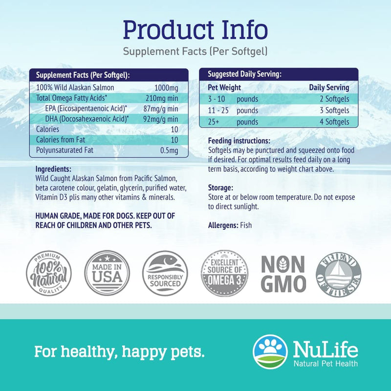 NuLife Natural Pet Health Pure Wild Alaskan Salmon Oil for Dogs, Omega 3 Fish Oil Supplement for Healthy Skin & Shiny Coat, Prevents Itchy Skin, Skin Allergies & Shedding, 120 Soft Capsules - BeesActive Australia