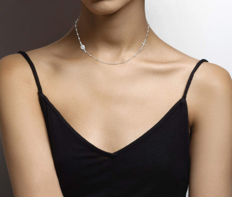 Miabella 925 Sterling Silver Italian Rosary Beaded Sideways Cross Necklace 16, 18, 22 Dainty Chain Necklace for Women Teen Girls Made in Italy Length 16 Inches (short choker length) - BeesActive Australia