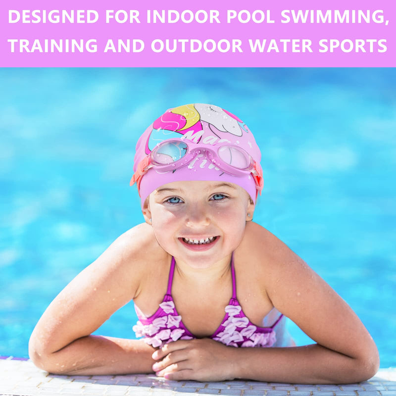 Kids Swim Caps for Girls (Age 3-7), Durable Waterproof Silicone Swimming Cap for Short Hair with Swimming Goggles, Ear Plug and Nose Clip Purple - BeesActive Australia