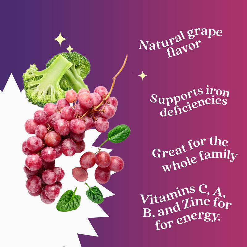 Iron Gummies Supplement with Vitamin C, A, Vitamins B Complex, Folate, Multivitamins for Women, Kids & Adults - Supports Energy, No After Taste, Vegan Supplements - Grape Flavor (60 Ct) 1 - BeesActive Australia