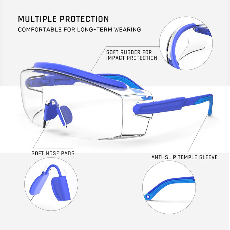 Anti Fog Safety Glasses Safety Goggles Over Glasses Protective Glasses with Anti Scratch Lenses Adjustable Frame And Temples Blue - BeesActive Australia