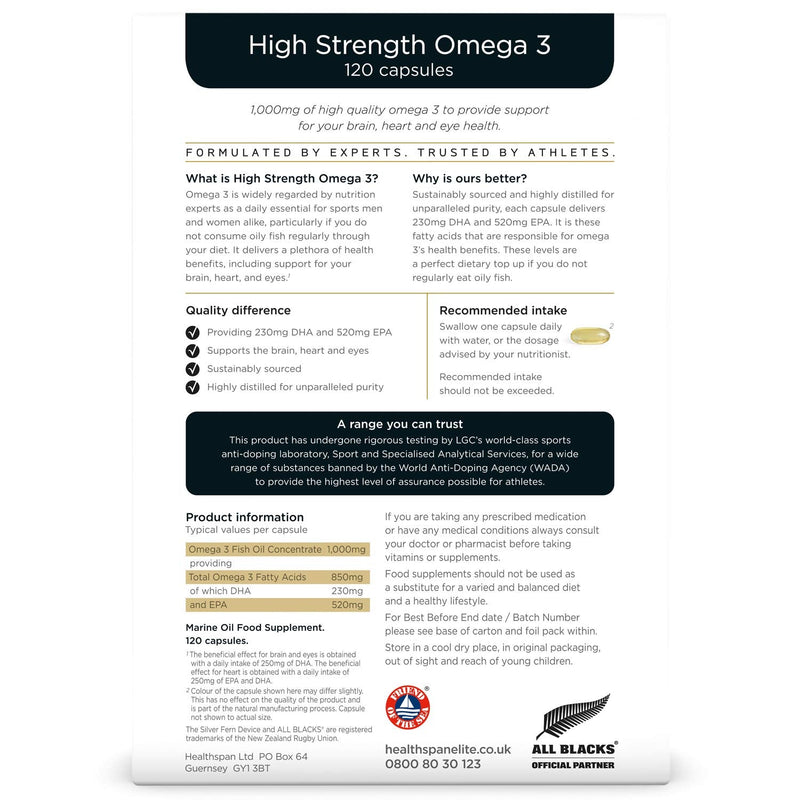 Healthspan Elite Omega 3 1,000mg (4 Months' Supply) | Support Your Brain, Heart & Eye Health | 230mg DHA & 520mg EPA | All Blacks Official Partner | Sustainably Sourced | Informed Sport Accredited - BeesActive Australia