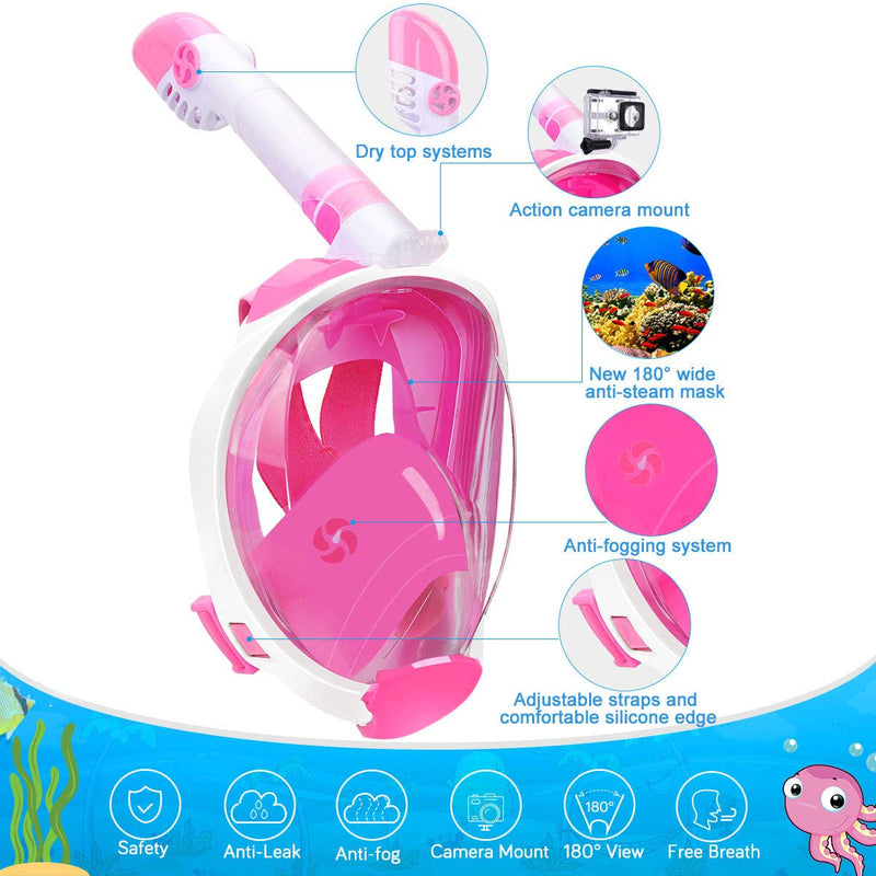 [AUSTRALIA] - QingSong Full Face Snorkel Mask with Newest Breathing System, Give You A Natural & Safe Snorkeling Experience, Foldable 180 Degree Panoramic View Anti-Fog Anti-Leak Snorkel Set for Kids & Adults 11KS-white/pink X-Small 