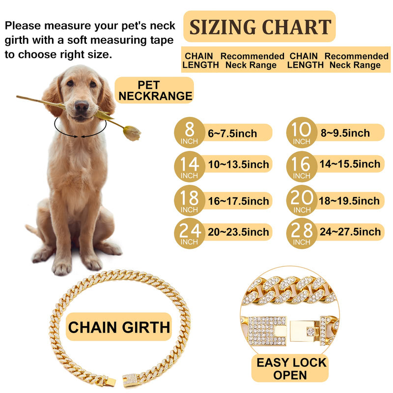Cuban Link Dog Collar Gold Silver Color Metal Dog Chain Collar Cuban Diamond Chain Pet Collars for Dogs Cats Jewelry 8/10/14/16/18/20/24/28 Inch 10inch - BeesActive Australia