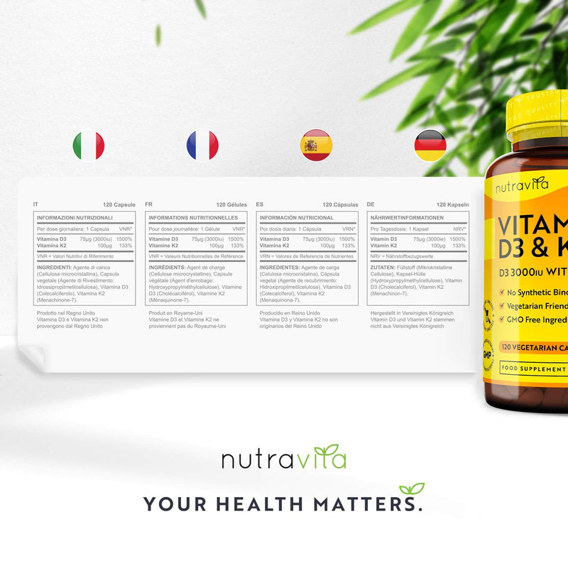 Vitamin D3 3000iu & K2 100ug (MK7) � 120 Vitamin D3 K2 Vegetarian Capsules � Supports Normal Bones, Muscles, Teeth and Immune System � Cholecalciferol & Menaquinone-7 � Made in The UK by Nutravita - BeesActive Australia
