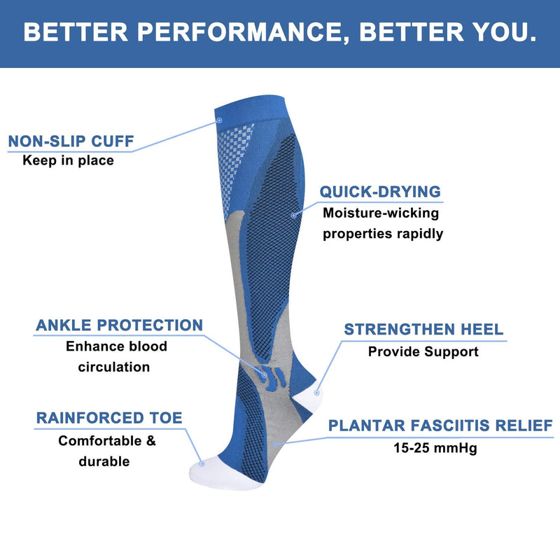 Evolyline 3 Pairs Compression Socks for Women & Men, Knee Length Medical Compression Socks Men, Fit for Running Flying Nursing Flight Travel Sports varicose veins Promote Circulation 20-30 mmhg L-XL Black+White+Blue - BeesActive Australia