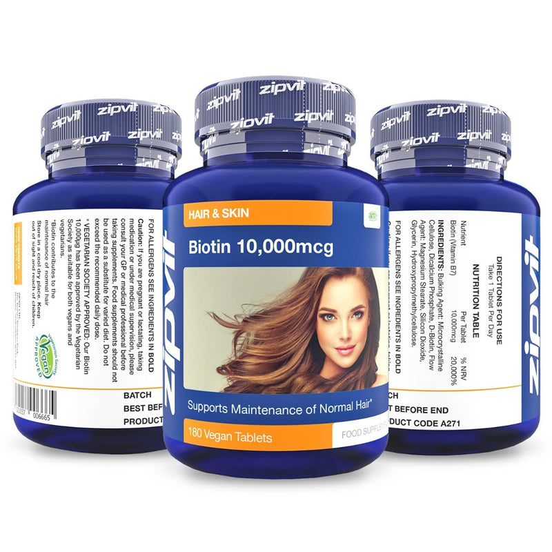 Biotin Hair Growth Supplement 10,000 mcg, 180 Vegan Tablets (6 Months Supply). Maintains Hair & Skin. Vegetarian Society Approved. UK Supplier - BeesActive Australia