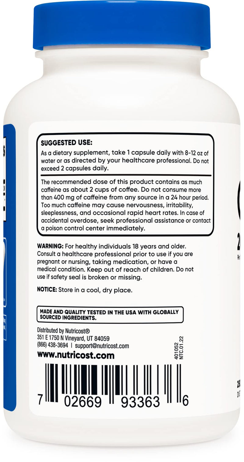Nutricost Caffeine Pills, 200mg Per Serving (250 Caps) 250 Count (Pack of 1) - BeesActive Australia