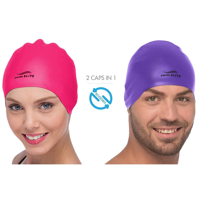 Reversible Silicone Swim Cap, Waterproof 2-in-1 Swimming Caps for Men and Women with Carry Bag, Flexible Adult Swimmers Cap for Short and Medium Length Hair Pink/Purple - BeesActive Australia