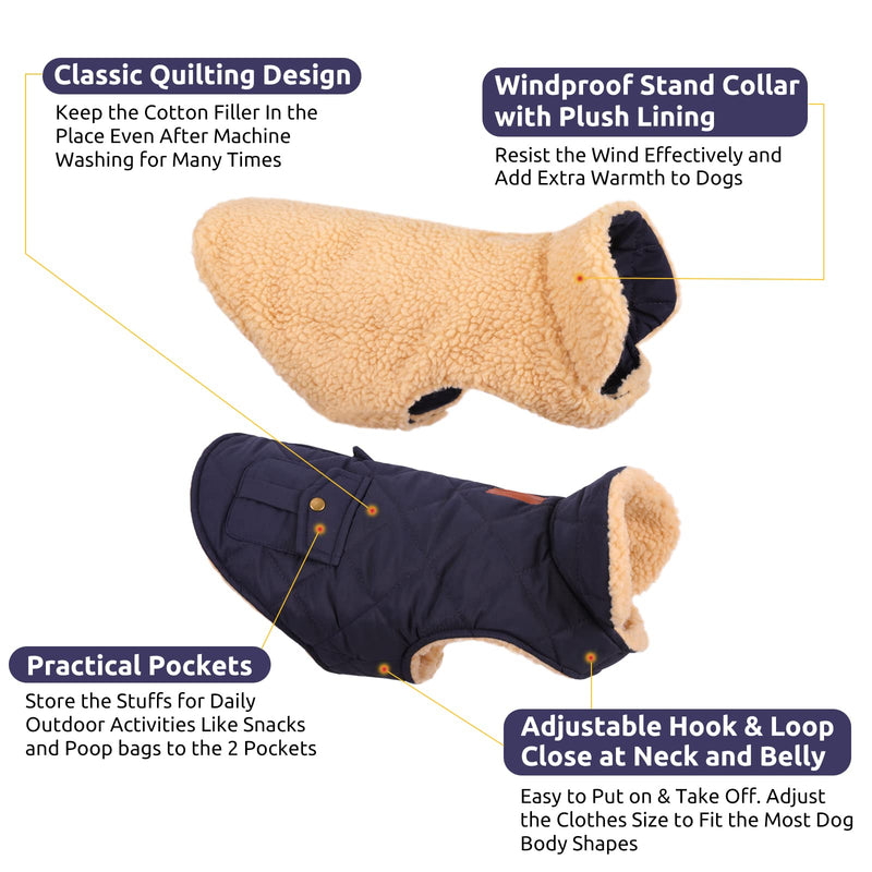 Queenmore Cold Weather Dog Coat, Winter Quilting Dog Jacket Ultra Warm Thick Plush Lining with Storage Pockets Small Dark Navy - BeesActive Australia