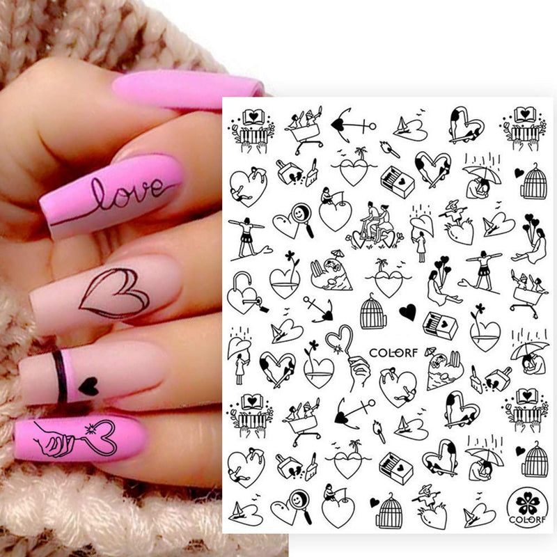 3D Black Nail Art Stickers Decals Nail Art Supplies 3D Adhesive Black Abstract Human Face Line Letter Love Heart Face Cartoon Three-Dimensional Cube Design DIY Nail Decorations 9 Sheets - BeesActive Australia