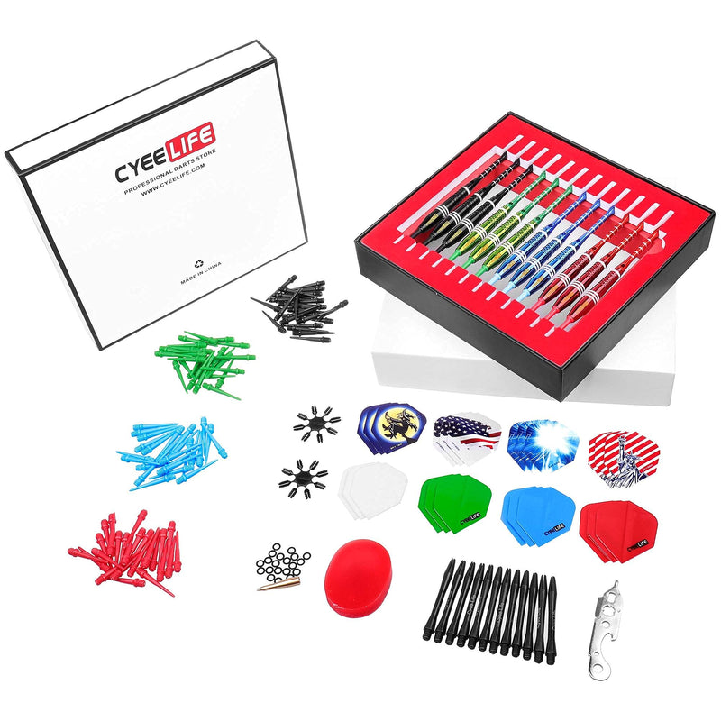 CyeeLife-Steel tip Darts 18g Colorful Barrels,Finger Grip Wax+20 Rubber O Rings+Ring Tool+100 Points+24 Flights(8 Designs)+16 Plastic Protectors+12 Aluminum Shafts+12 Nylon Shafts+Gift Packaging - BeesActive Australia