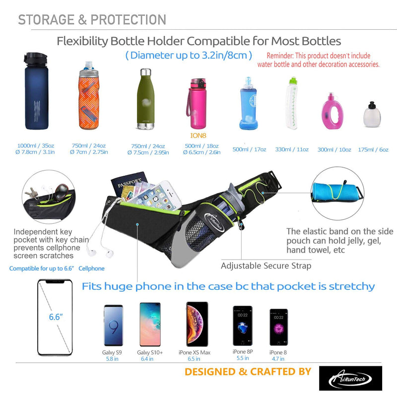 [AUSTRALIA] - AiRunTech Upgraded No Bounce Hydration Belt Can be Cut to Size Design Strap for Any Hips for Men Women Running Belt with Water Bottle Holder with Large Pocket Fits Most Smartphones Without Bottle Hydration Belt(GR) 