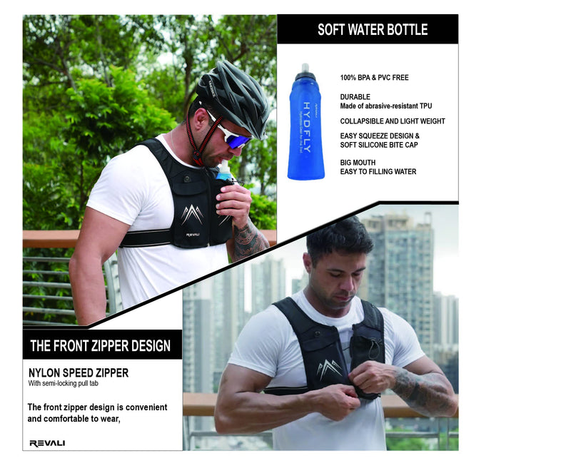 REVALI Running Vest, USA Original Patent, Zip Reflective Vests with Leakproof 500ml Water Bottle, Adjustable Waistband & Breathable Materials, Chest Gear Phone Holder for Men/Women, Running or Cycling Black - BeesActive Australia