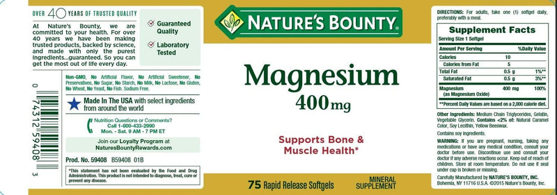 Nature's Bounty Magnesium 400 mg, 75 Softgels - BeesActive Australia