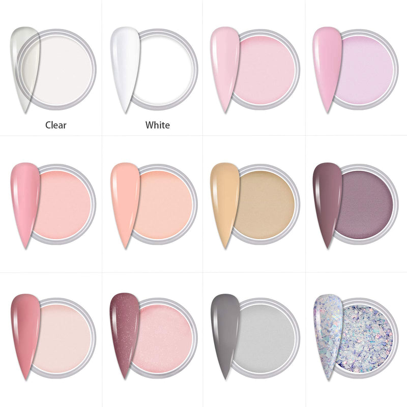 Dip Powder Nail Kit 12 Colors Refill Set Clear Nude Pink White Glitter Color French Nail Dipping Powder Starter System, Not Including Liquid Set Base Activator and Top Coat - BeesActive Australia