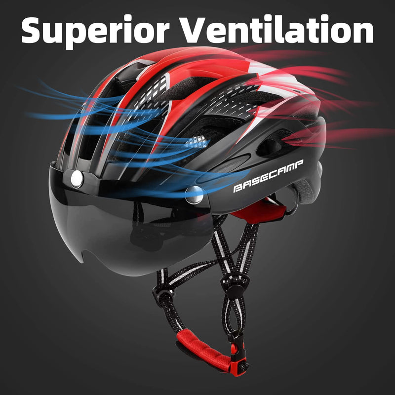 Bike Helmet, Basecamp Bicycle Helmet with Rear Light & Detachable Magnetic Goggles & Portable Backpack Lightweight Cycling Helmet Adjustable for Adult Men Women Mountain & Road (BC-069) BlackRedWhite - BeesActive Australia