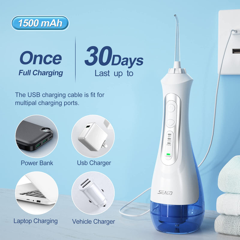 Water Flossers for Teeth Cordless, Seago Water Flosser Rechargeable Oral Irrigator Plaque Remover for Teeth with DIY Modes, 5 Jet Tips, IPX7 Waterproof Dental Water Jet Flosser for Travel&Home(White) White - BeesActive Australia