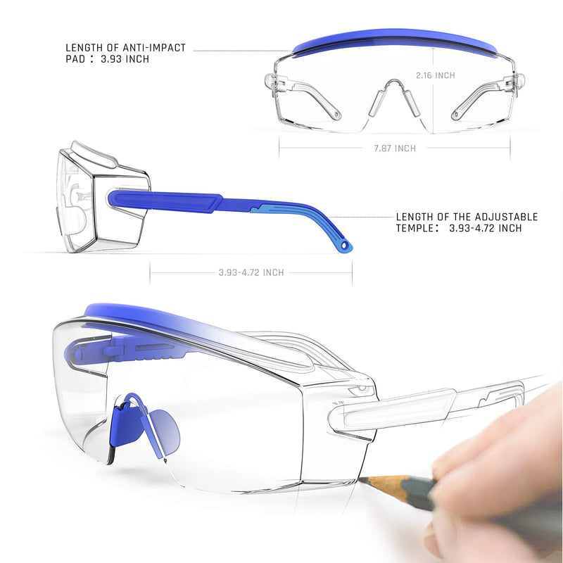 Anti Fog Safety Glasses Safety Goggles Over Glasses Protective Glasses with Anti Scratch Lenses Adjustable Frame And Temples Blue - BeesActive Australia