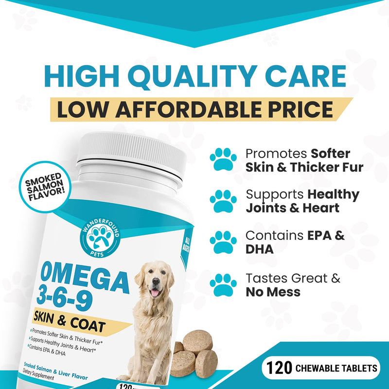 Wanderfound Pets - Omega 3-6-9 Skin and Coat Fish Oil for Dogs, Fatty Acid for Dogs’ Joint and Heart Health, Chewable Vitamins for Dogs Fur and Skin, Smoked Salmon and Liver Flavor, 120 Tablets - BeesActive Australia