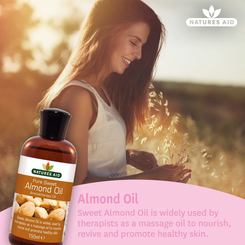 Natures Aid Almond Oil, Pure, Sweet Almond Oil, Massage Oil, Suited to Dry, Sensitive Skin, 150 ml (Pack of 1) - BeesActive Australia