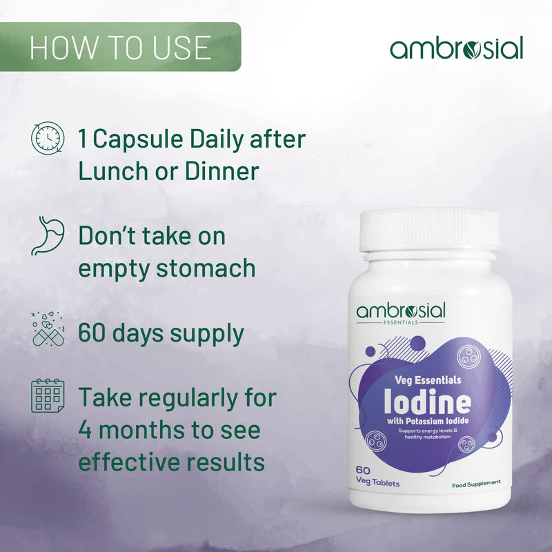 Ambrosial Iodine Supplement 5000mcg with 7500 mcg Potassium Iodide| High Strength Iodine Tablets | Natural Source of Iodine from Potassium Supplements & Iodide Tablets (Pack of 1-60 Tablets) 60 count (Pack of 1) - BeesActive Australia