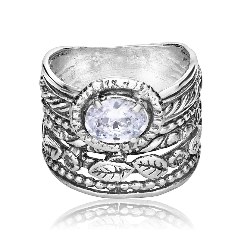 925 Sterling Silver Ring with White Cubic Zirconia CZ Oval Shape Prong, Multiple Bands Rich Stack Look, Hypoallergenic, Nickel and Lead-free, Artisan Handcrafted Designer collection, Made In Israel 5 - BeesActive Australia