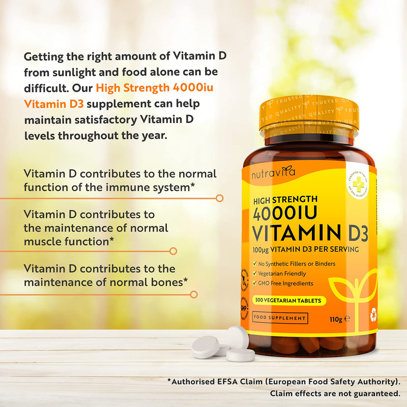 Vitamin D 4000 IU - 500 Micro Tablets - Max Strength - 16 Month Supply - Hight Strength Vegetarian VIT D3 - Vitamin D3 Supports Your Immune System & Bone Health - Made in The UK by Nutravita - BeesActive Australia