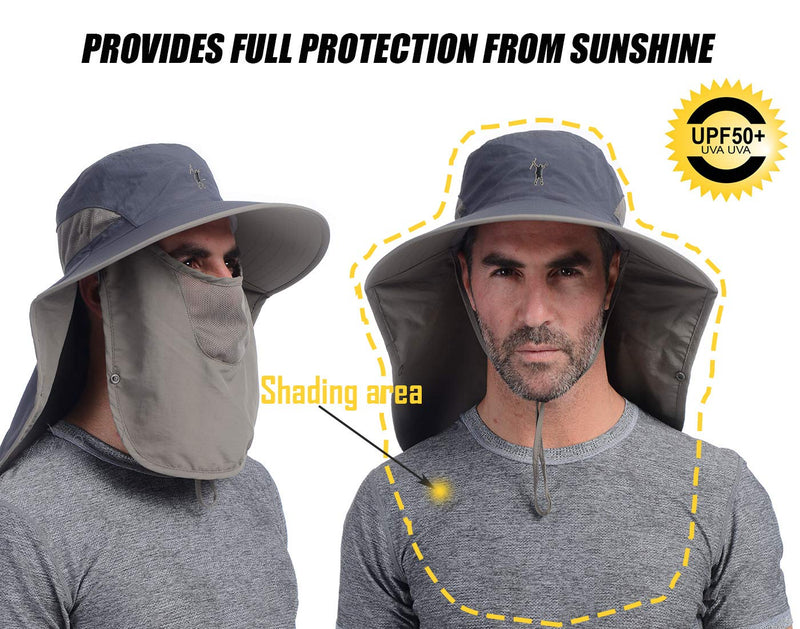 [AUSTRALIA] - USHAKE Outdoor Fishing Hat with Face Neck Flap Cover, Wide Brim Sun Hat Dark Grey 