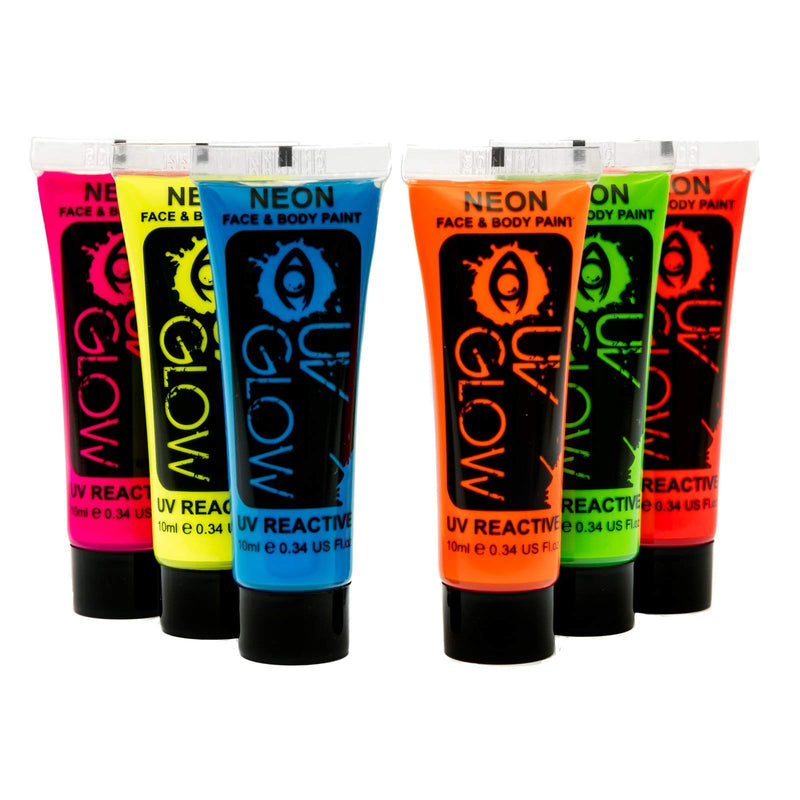 UV Glow Blacklight Face and Body Paint 0.34oz - Set of 6 Tubes - Neon Fluorescent - BeesActive Australia