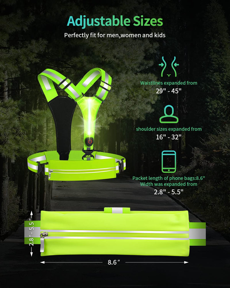 AKUSCON LED Reflective Running Vest Gear，USB Rechargeable Light Up Reflective Vest for Walking at Night, Adjustable Reflective Safety Vest for Men Women Include Mobile Waist Bag Reflective Bands Green A - BeesActive Australia