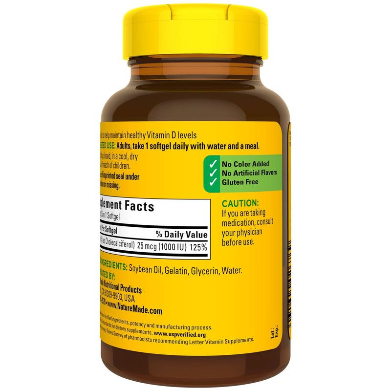 Nature Made Vitamin D3, 180 Softgels, Vitamin D 1000 IU (25 mcg) Helps Support Immune Health, Strong Bones and Teeth, & Muscle Function, 125% of the Daily Value for Vitamin D in One Daily Softgel - BeesActive Australia